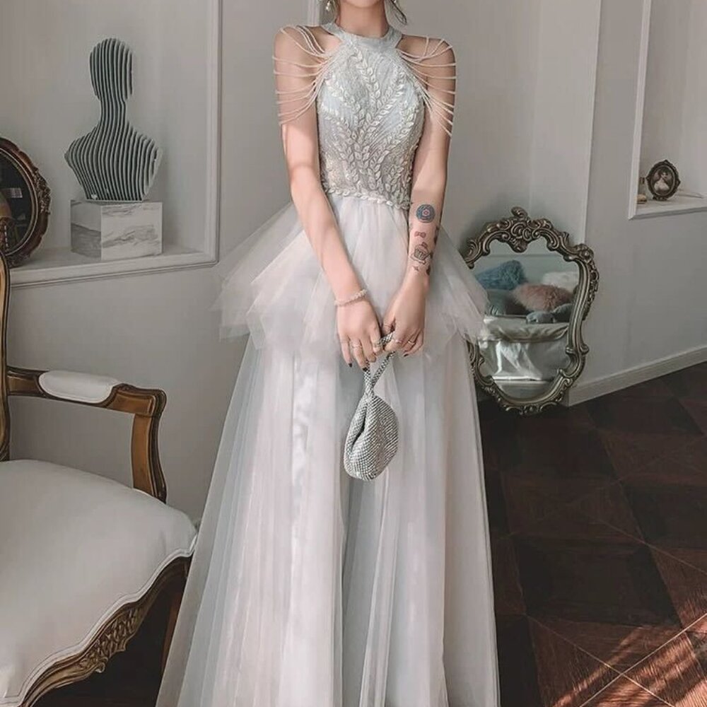 NWT Beaded Gown with Tulle Skirt